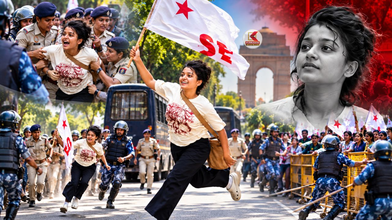 SFI கொடியுடன் ஓடிய மாணவி! SIR போராட்டத்தில் வைரலான 20 வயது கேரள மாணவி! 