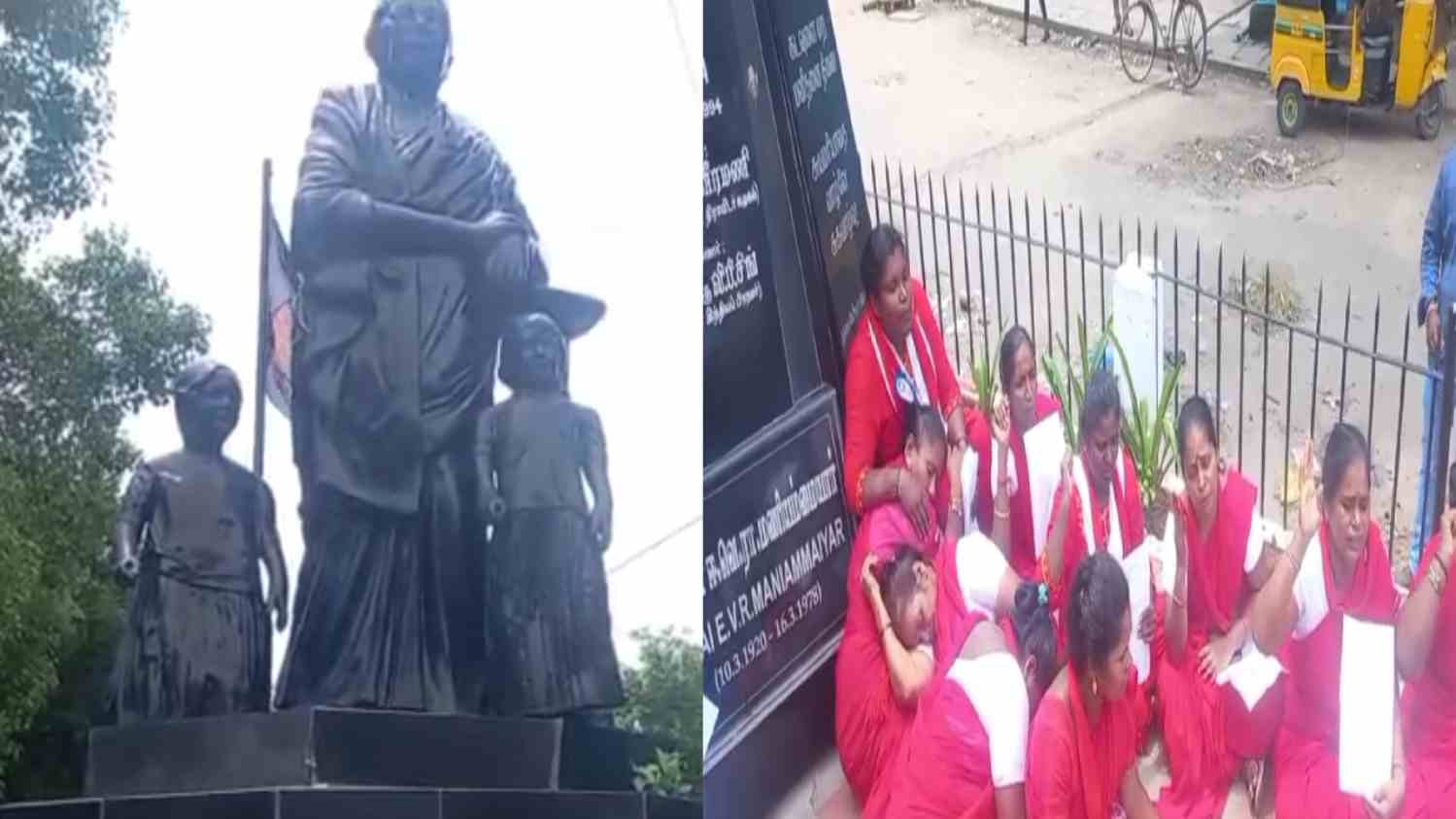 ஈவெரா மணியம்மையார் சிலைக்கு மனுக்கொடுத்து தூய்மைப் பணியாளர்களின் நூதனப் போராட்டம்: சென்னை வேப்பேரியில் பரபரப்பு! 