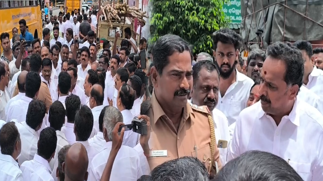 சுவர் விளம்பரத்திற்கு போட்டி: கரூரில் எம்.ஆர்.விஜயபாஸ்கர் போலீசாருடன் வாக்குவாதம்