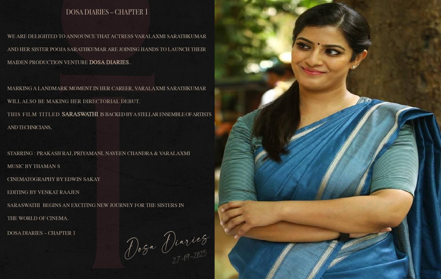 வரலட்சுமி சரத்குமார்: இயக்குநர், தயாரிப்பாளராகப் புதிய அத்தியாயம் - சகோதரியுடன் இணைந்து தோசா டைரீஸ் தொடக்கம்!