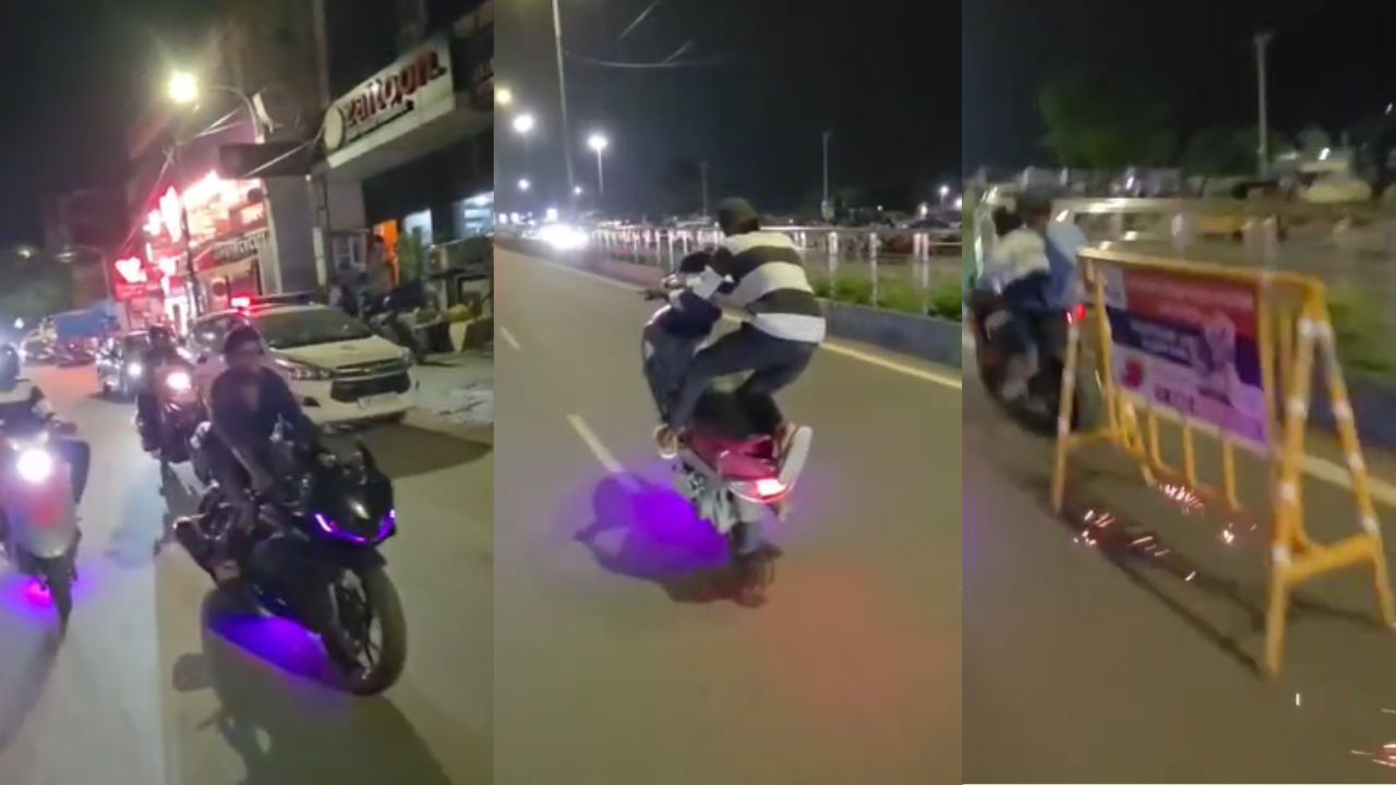 சென்னையில் மீண்டும் தலைதூக்கும் பைக் வீலிங்.. பேரிகார்டை இழுத்துச் சென்றும் அட்ராசிட்டி!